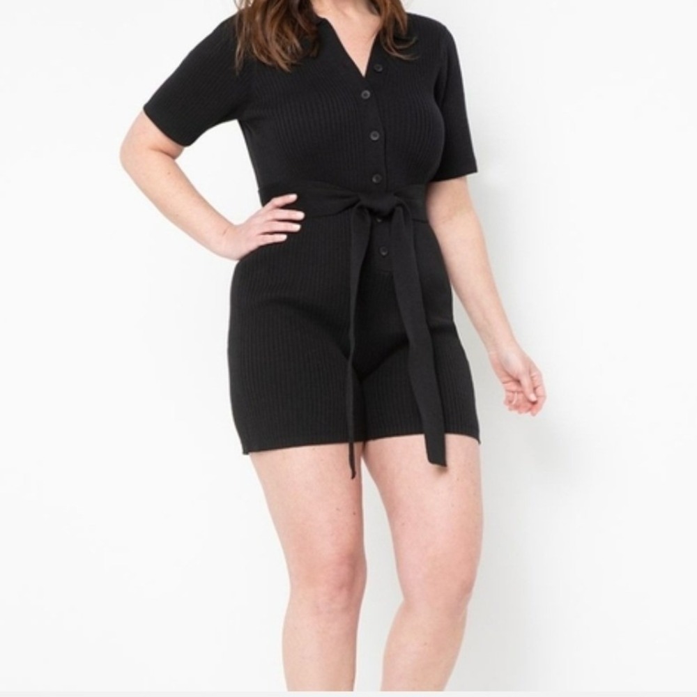 Eloquii Black Ribbed Knit Button Front Romper Tie Waist Cotton Plus Size 18/20